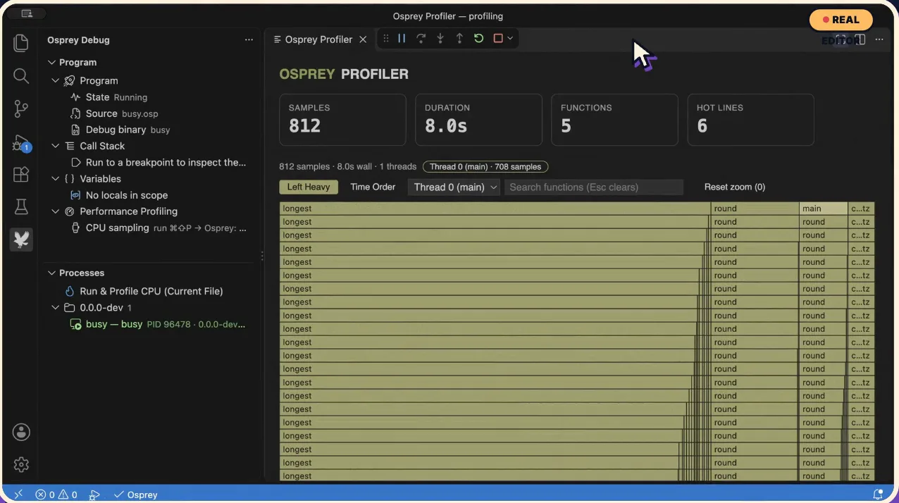 Osprey Profiler panel: 812 samples over 8 seconds, 5 functions, 6 hot lines, above a left-heavy flame graph
