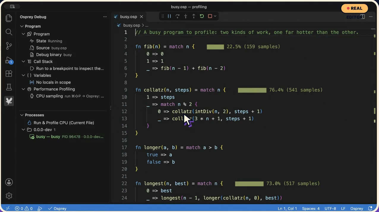 busy.osp in VS Code with inline heat bars: collatz 76.4 percent, longest 73.0 percent, fib 22.5 percent